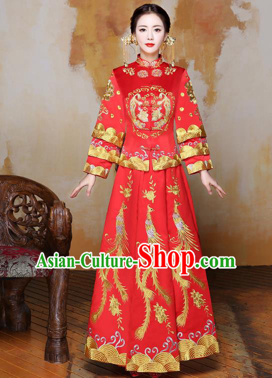 Traditional Ancient Chinese Wedding Costume Handmade XiuHe Suits Embroidery Phoenix Bride Toast Cheongsam Dress, Chinese Style Hanfu Wedding Clothing for Women