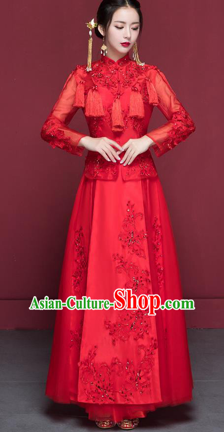 Traditional Ancient Chinese Wedding Costume Handmade Delicacy Embroidery XiuHe Suits, Chinese Style Hanfu Wedding Bride Toast Cheongsam for Women