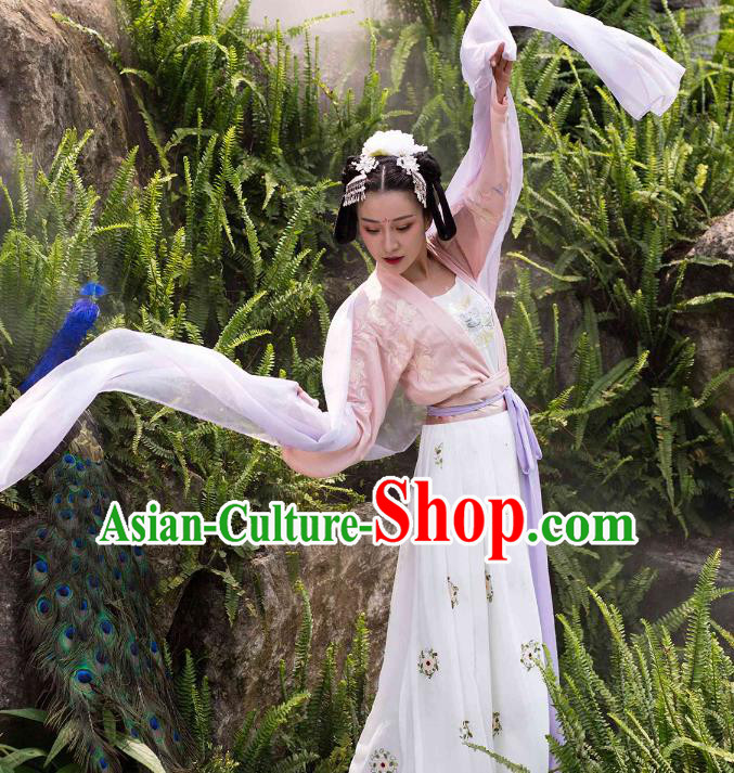 Traditional Ancient Chinese Tang Dynasty Palace Lady Embroidered Costume Blouse and Slip Skirt Complete Set, Elegant Hanfu Clothing Chinese Imperial Princess Dress Clothing for Women