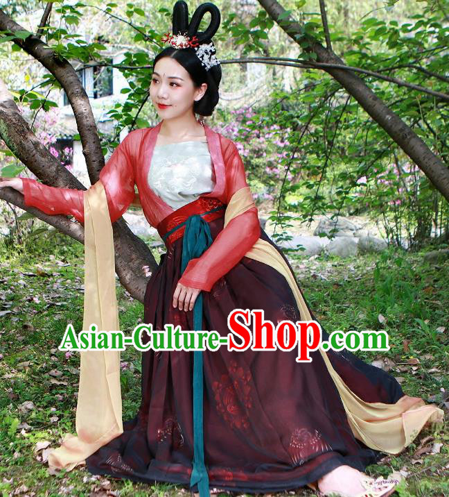 Traditional Ancient Chinese Tang Dynasty Palace Lady Costume Complete Set, Elegant Hanfu Clothing Chinese Imperial Princess Slip Dress Clothing for Women