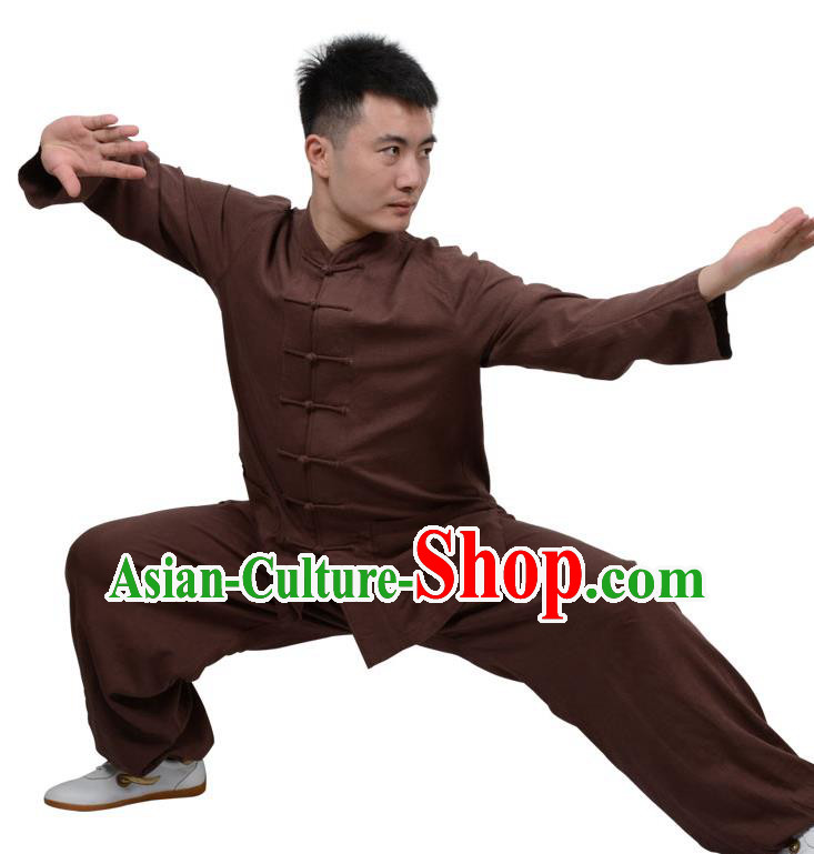 Top Kung Fu Linen Costume Martial Arts Costume Kung Fu Training Clothing, Tai Ji Plated Buttons Coffee Uniform Gongfu Wushu Clothing for Women for Men