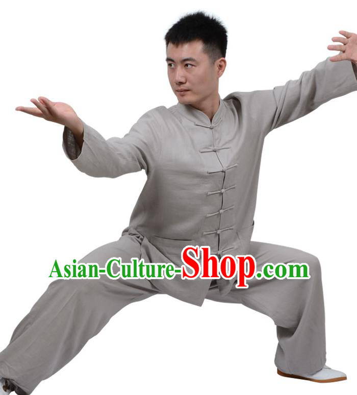 Top Kung Fu Linen Costume Martial Arts Costume Kung Fu Training Clothing, Tai Ji Plated Buttons Grey Uniform Gongfu Wushu Clothing for Women for Men