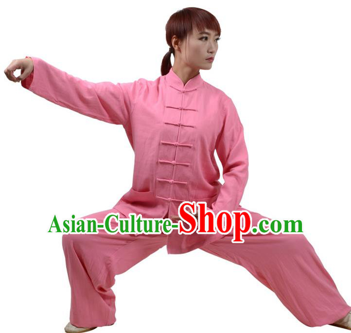 Top Kung Fu Linen Costume Martial Arts Costume Kung Fu Training Clothing, Tai Ji Plated Buttons Peach Pink Uniform Gongfu Wushu Clothing for Women for Men