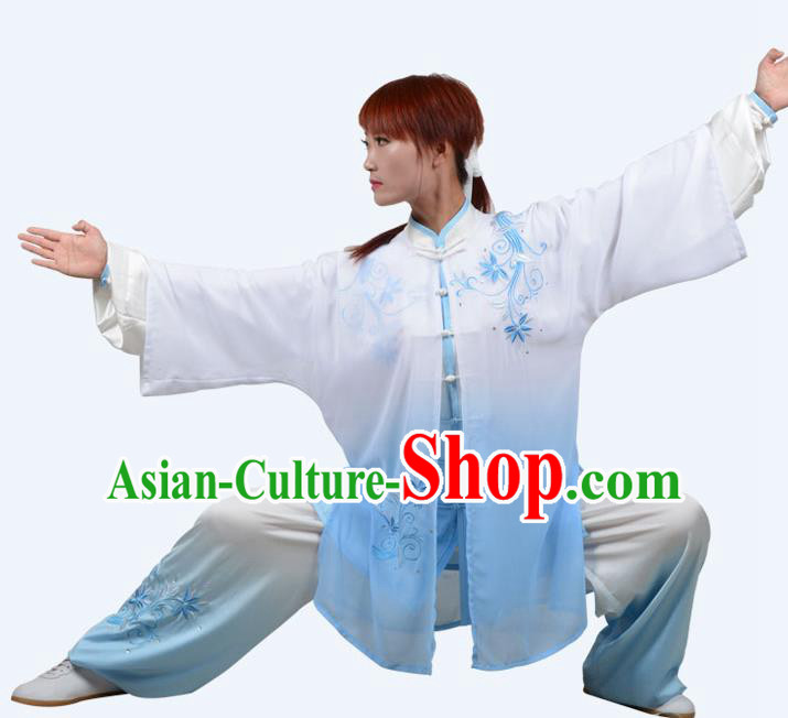 Top Grade Martial Arts Costume Kung Fu Training Clothing, Tai Ji Embroidery Blue Uniform Gongfu Wushu Costume  for Women for Men