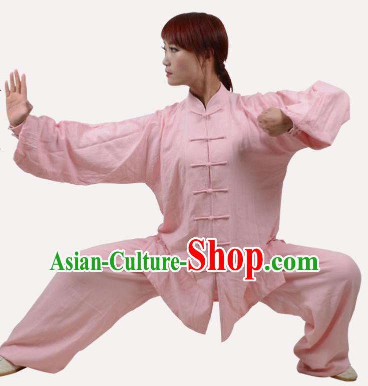Top Grade Linen Martial Arts Costume Kung Fu Training Clothing, Tai Ji Embroidery Pink Uniform Gongfu Wushu Costume  for Women for Men