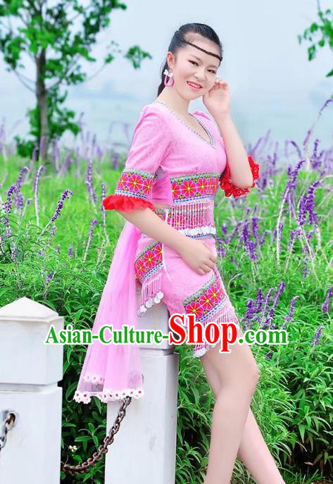 Traditional Chinese Miao Nationality Costume, Hmong Folk Dance Ethnic Pink Short Tassel Skirt, Chinese Minority Nationality Embroidery Clothing for Women