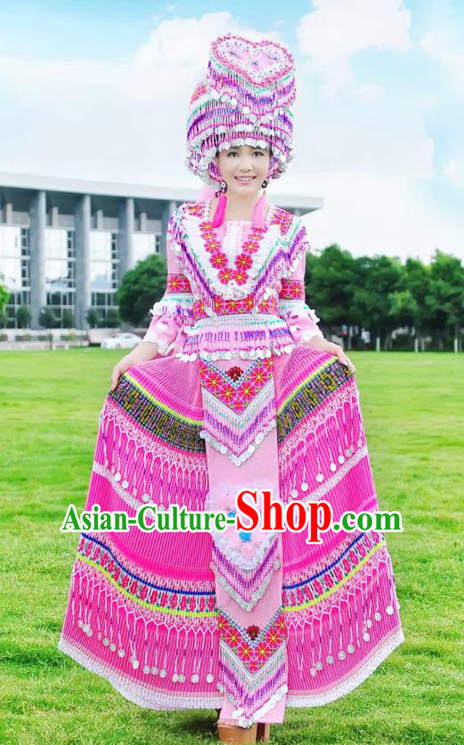 Traditional Chinese Miao Nationality Costume and Headwear, Hmong Folk Dance Ethnic Long Pink Tassel Pleated Skirt, Chinese Minority Nationality Embroidery Clothing for Women
