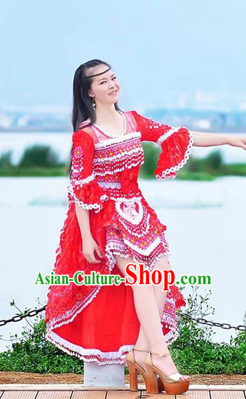 Traditional Chinese Miao Nationality Costume and Headwear, Hmong Folk Dance Ethnic Long Tailing Red Dress, Chinese Minority Nationality Embroidery Clothing for Women