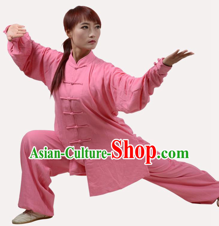 Top Grade Linen Martial Arts Costume Kung Fu Training Clothing, Tai Ji Embroidery Pink Uniform Gongfu Wushu Costume for Women for Men