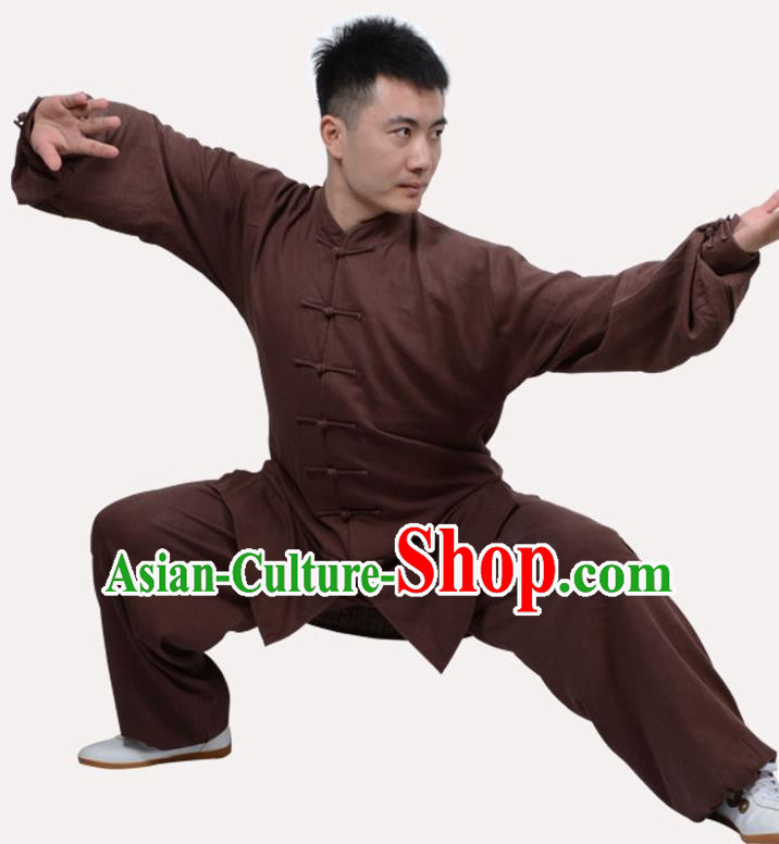 Top Grade Linen Martial Arts Costume Kung Fu Training Clothing, Tai Ji Embroidery Deep Brown Uniform Gongfu Wushu Costume for Women for Men