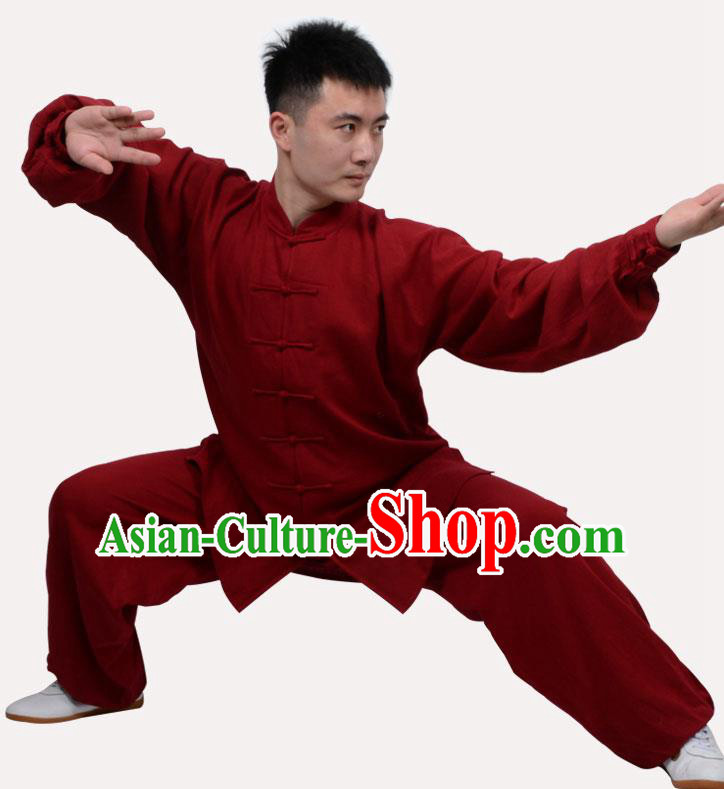 Top Grade Linen Martial Arts Costume Kung Fu Training Clothing, Tai Ji Wine Red Uniform Gongfu Wushu Costume for Women for Men