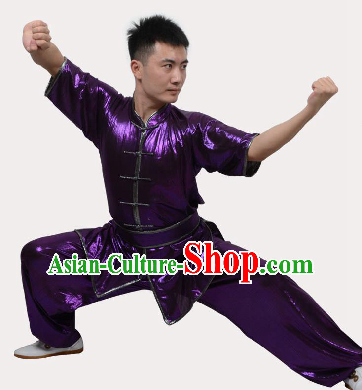 Top Grade Linen Martial Arts Costume Kung Fu Training Plated Buttons Clothing, Tai Ji Southern Fist Purple Uniform Gongfu Wushu Costume for Women for Men