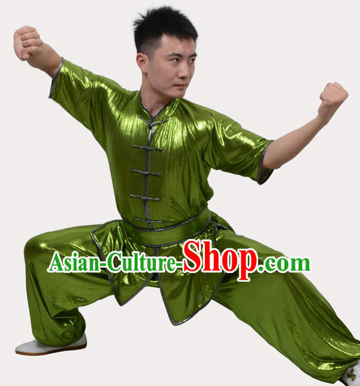 Top Grade Linen Martial Arts Costume Kung Fu Training Plated Buttons Clothing, Tai Ji Southern Fist Green Uniform Gongfu Wushu Costume for Women for Men