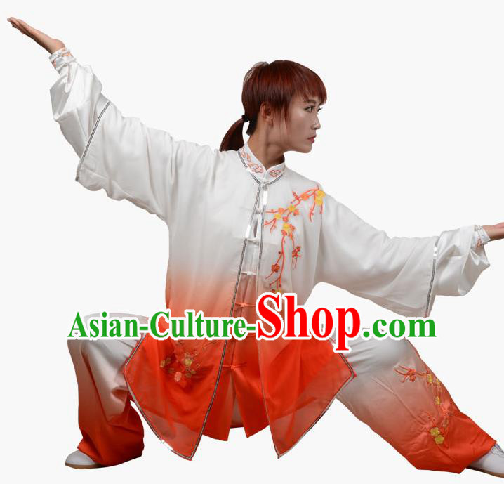 Top Grade Linen Martial Arts Costume Kung Fu Training Embroidered Plum Blossom Clothing, Tai Ji Southern Fist Orange Three-piece Uniform Gongfu Wushu Costume for Women for Men