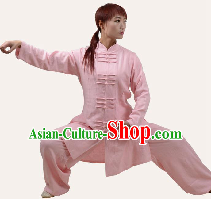 Top Grade Linen Martial Arts Costume Kung Fu Training Plated Buttons Clothing, Tai Ji Pink Uniform Gongfu Wushu Costume for Women for Men