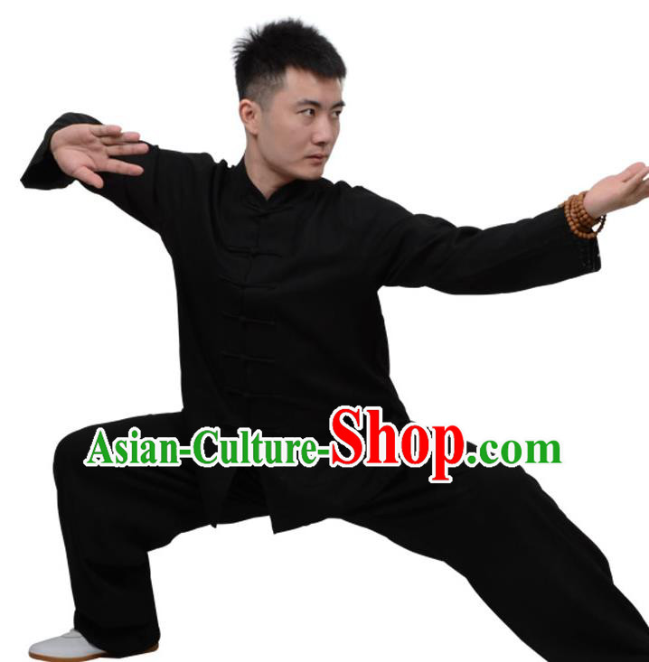 Top Kung Fu Linen Costume Martial Arts Costume Kung Fu Training Clothing, Tai Ji Plated Buttons Black Uniform Gongfu Wushu Clothing for Women for Men