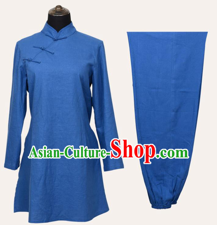 Top Grade Linen Martial Arts Costume Kung Fu Training Slant Opening Plated Buttons Clothing, Tai Ji Blue Uniform Gongfu Wushu Costume for Women for Men