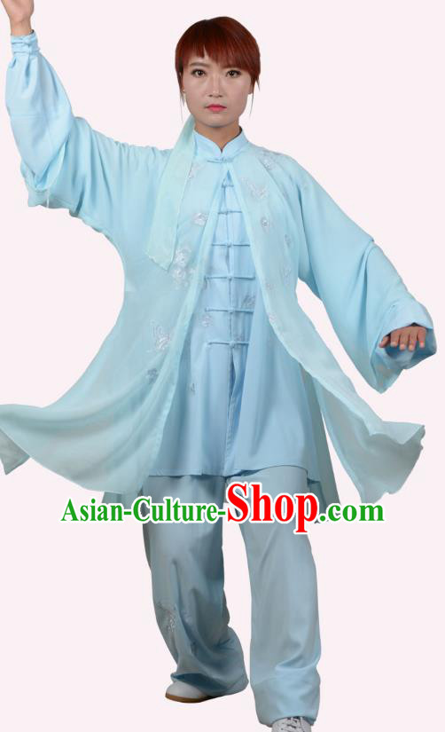 Top Grade Linen Martial Arts Costume Kung Fu Training Embroidery Plated Buttons Clothing, Tai Ji Blue Uniform Gongfu Wushu Costume for Women for Men