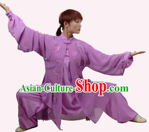 Top Grade Linen Martial Arts Costume Kung Fu Training Embroidery Plated Buttons Clothing, Tai Ji Deep Purple Uniform Gongfu Wushu Costume for Women for Men