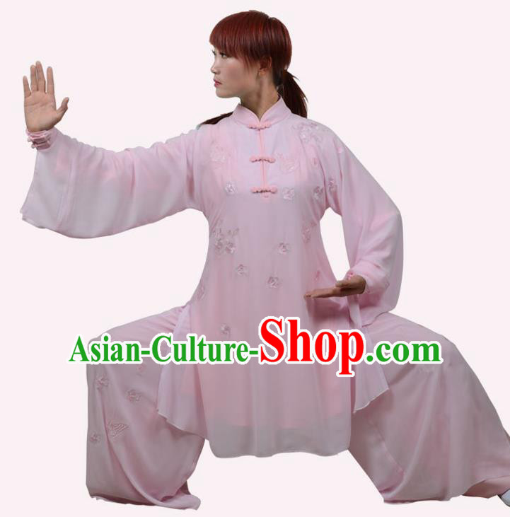 Top Grade Linen Martial Arts Costume Kung Fu Training Embroidery Plated Buttons Clothing, Tai Ji Pink Uniform Gongfu Wushu Costume for Women for Men