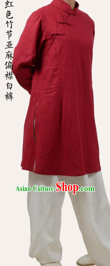 Top Grade Linen Martial Arts Costume Kung Fu Training Slant Opening Plated Buttons Clothing, Tai Ji Red Uniform Gongfu Wushu Costume for Women for Men