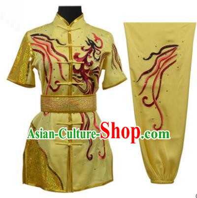 Top Grade Martial Arts Costume Kung Fu Training Embroidery Yellow Clothing, Long Fist Tai Ji Uniform Gongfu Wushu Costume for Women for Men