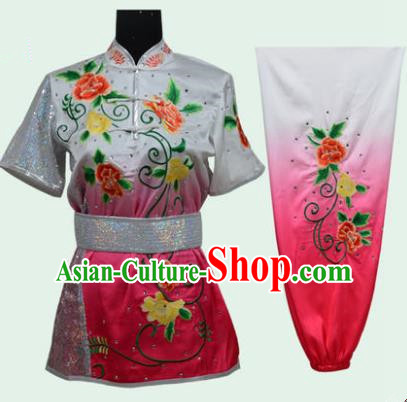 Top Grade Martial Arts Costume Kung Fu Training Long Fist Clothing, Tai Ji Embroidery Peony Pink Uniform Gongfu Wushu Costume for Women for Men