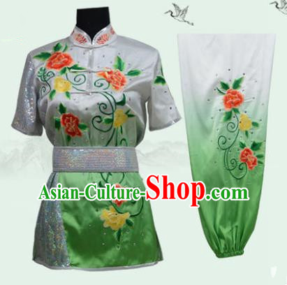 Top Grade Martial Arts Costume Kung Fu Training Long Fist Clothing, Tai Ji Embroidery Peony Green Uniform Gongfu Wushu Costume for Women