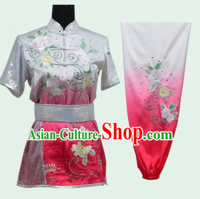 Top Grade Martial Arts Costume Kung Fu Training Long Fist Clothing, Tai Ji Embroidery Peony Pink Uniform Gongfu Wushu Costume for Women