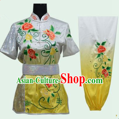 Top Grade Martial Arts Costume Kung Fu Training Long Fist Clothing, Tai Ji Embroidery Peony Yellow Uniform Gongfu Wushu Costume for Women