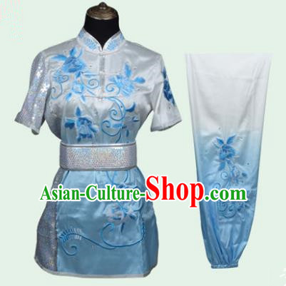 Top Grade Martial Arts Costume Kung Fu Training Long Fist Clothing, Tai Ji Embroidery Peony Blue Uniform Gongfu Wushu Costume for Women