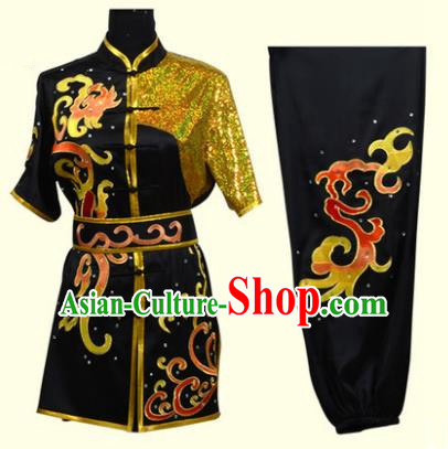 Top Grade Martial Arts Costume Kung Fu Training Clothing, Tai Ji Embroidery Long Fist Black Uniform Gongfu Wushu Costume for Women for Men