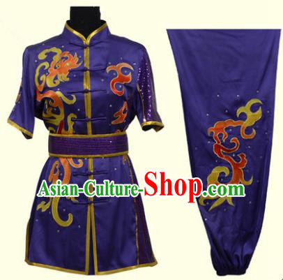 Top Grade Martial Arts Costume Kung Fu Training Clothing, Tai Ji Embroidery Long Fist Purple Uniform Gongfu Wushu Costume for Women for Men