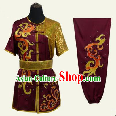 Top Grade Martial Arts Costume Kung Fu Training Clothing, Tai Ji Embroidery Long Fist Dark Red Uniform Gongfu Wushu Costume for Women for Men