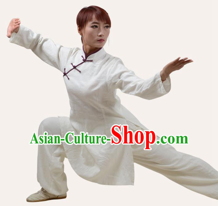 Top Grade Linen Martial Arts Costume Kung Fu Training Slant Opening Plated Buttons Clothing, Tai Ji White Uniform Gongfu Wushu Costume for Women for Men