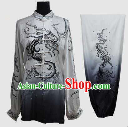 Top Grade Martial Arts Costume Kung Fu Training Gradient Black Clothing, Tai Ji Embroidery Dragon Long Fist Uniform Gongfu Wushu Costume for Women for Men