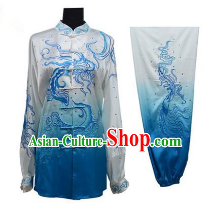Top Grade Martial Arts Costume Kung Fu Training Gradient Blue Clothing, Tai Ji Embroidery Dragon Long Fist Uniform Gongfu Wushu Costume for Women for Men