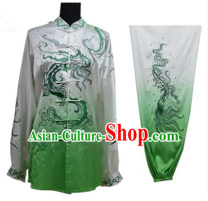 Top Grade Martial Arts Costume Kung Fu Training Gradient Green Clothing, Tai Ji Embroidery Dragon Long Fist Uniform Gongfu Wushu Costume for Women for Men