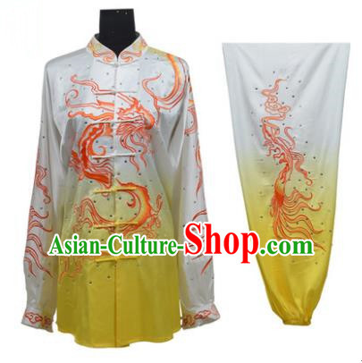 Top Grade Martial Arts Costume Kung Fu Training Gradient Yellow Clothing, Tai Ji Embroidery Dragon Long Fist Uniform Gongfu Wushu Costume for Women for Men