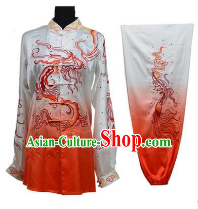 Top Grade Martial Arts Costume Kung Fu Training Gradient Red Clothing, Tai Ji Embroidery Dragon Long Fist Uniform Gongfu Wushu Costume for Women for Men