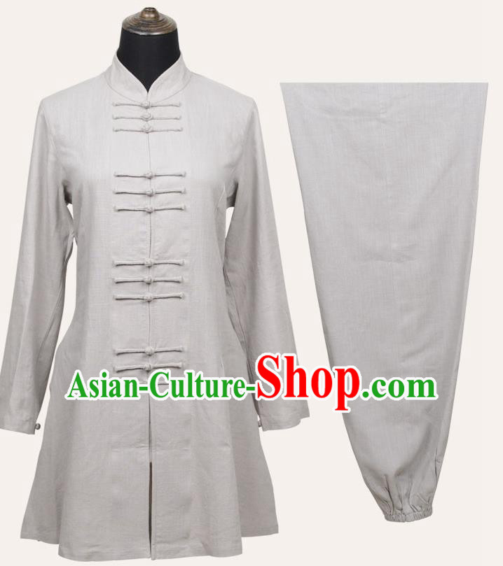 Top Grade Linen Martial Arts Costume Kung Fu Training Front Opening Plated Buttons Clothing, Tai Ji White Uniform Gongfu Wushu Costume for Women for Men