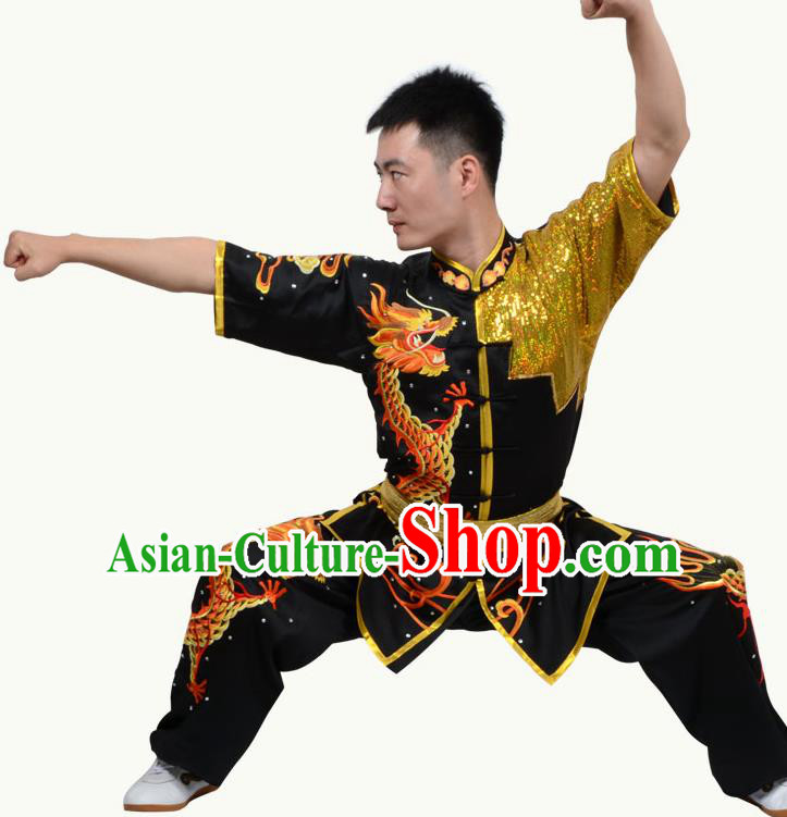 Top Grade Martial Arts Costume Kung Fu Training Short Sleeve Black Clothing, Tai Ji Embroidery Long Fist Uniform Gongfu Wushu Costume for Women for Men