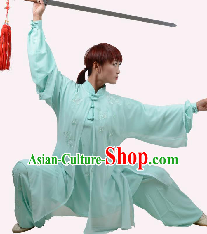 Top Grade Linen Martial Arts Costume Kung Fu Training Embroidery Plated Buttons Clothing, Tai Ji Green Uniform Gongfu Wushu Costume for Women for Men