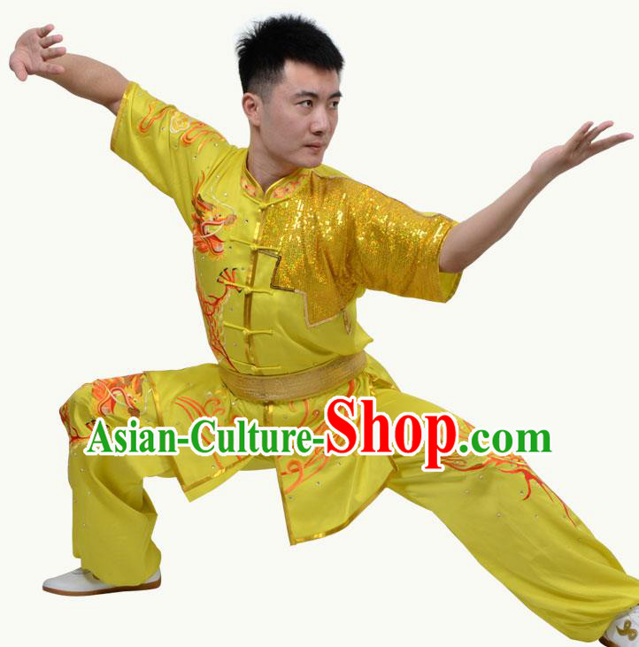 Top Grade Martial Arts Costume Kung Fu Training Short Sleeve Yellow Clothing, Tai Ji Embroidery Long Fist Uniform Gongfu Wushu Costume for Women for Men