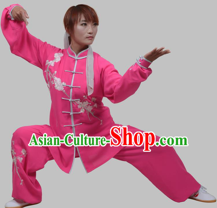 Top Grade China Martial Arts Costume Kung Fu Training Embroidery Plum Blossom Clothing, Chinese Embroidery Tai Ji Rosy Uniform Gongfu Wushu Costume for Women