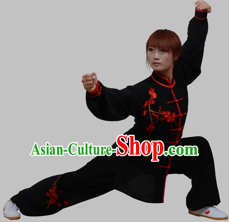 Top Grade China Martial Arts Costume Kung Fu Training Embroidery Plum Blossom Clothing, Chinese Embroidery Tai Ji Black Uniform Gongfu Wushu Costume for Women