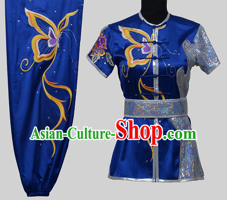 Top Grade China Martial Arts Costume Kung Fu Training Embroidery Butterfly Clothing, Chinese Embroidery Tai Ji Blue Uniform Gongfu Wushu Costume for Women