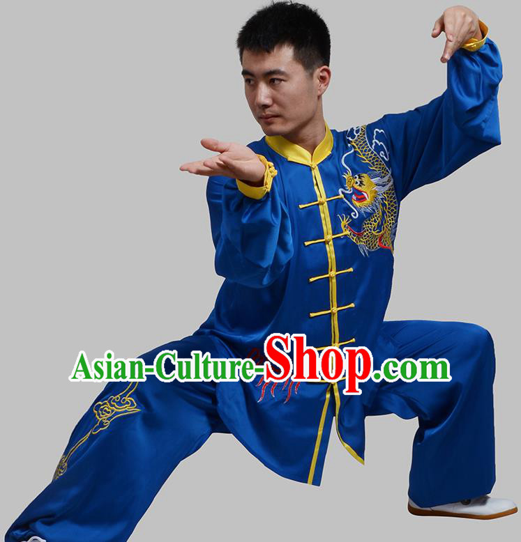 Top Grade China Martial Arts Costume Kung Fu Training Embroidery Blue Clothing, Chinese Embroidery Dragon Tai Ji Uniform Gongfu Wushu Costume for Men