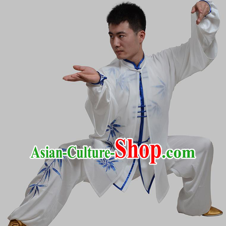 Top Grade China Martial Arts Costume Kung Fu Training Embroidery Bamboo Clothing, Chinese Embroidery Tai Ji White Uniform Gongfu Wushu Costume for Men