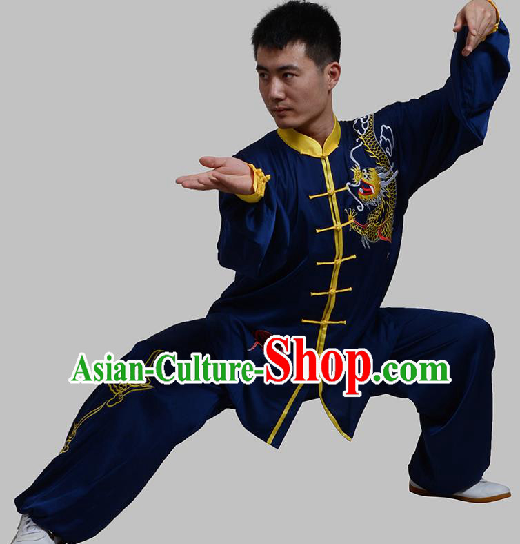 Top Grade China Martial Arts Costume Kung Fu Training Embroidery Blue Clothing, Chinese Embroidery Dragon Tai Ji Uniform Gongfu Wushu Costume for Men